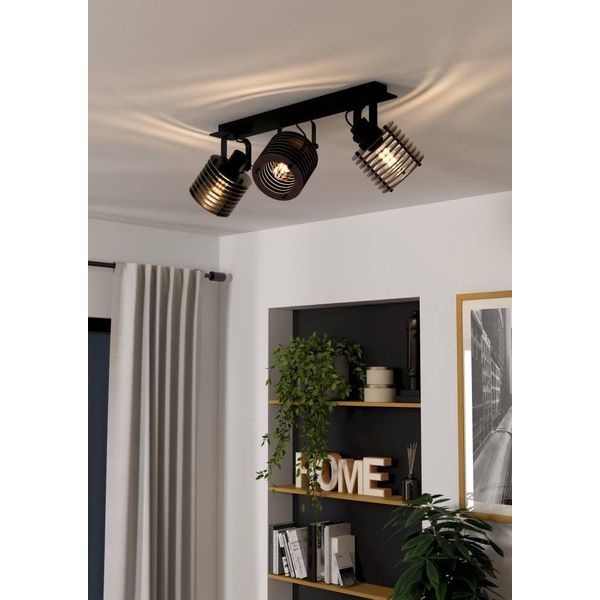 Eglo Deckenspot "Segovia", Schwarz, 3, Ø 0 H: 17,2Cm, 1 Stk., Leuchten, Deckenlampe, Metall Und Holz In Schwarz, Deckenspot Mit E27 Fassung, Deckenspot-image