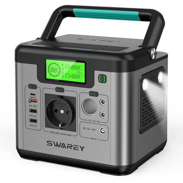 Swarey S500 Pro Portable Power Station Solar Generator Solar Power Bank, 518Wh/144000 Mah Caricabatterie Ricaricabile Solar Power Bank Con 500W (Top 1000W) Onda Sinusoidale Pura Ac, 12V Dc, Usb/Type C Ricarica Rapida Per Il Campeggio Di Emergenza-image