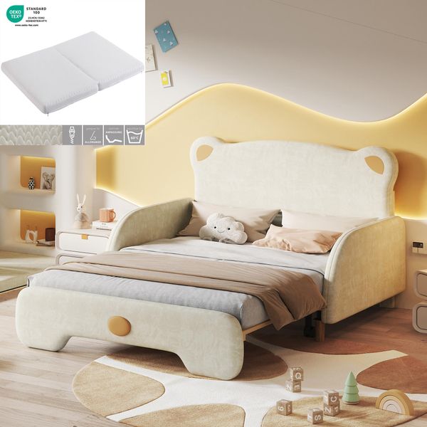 Sweiko (Con Materasso) Letto Matrimoniale A Forma Di Orso, Letto Imbottito, Letto Per Bambini, Letto Da Giorno, Letto Estraibile, Con Bordi Protettivi Morbidi, Con Doghe In Legno, Velluto, Beige (140X110Cm&140X200Cm), Materasso In Spugna Bianca-image