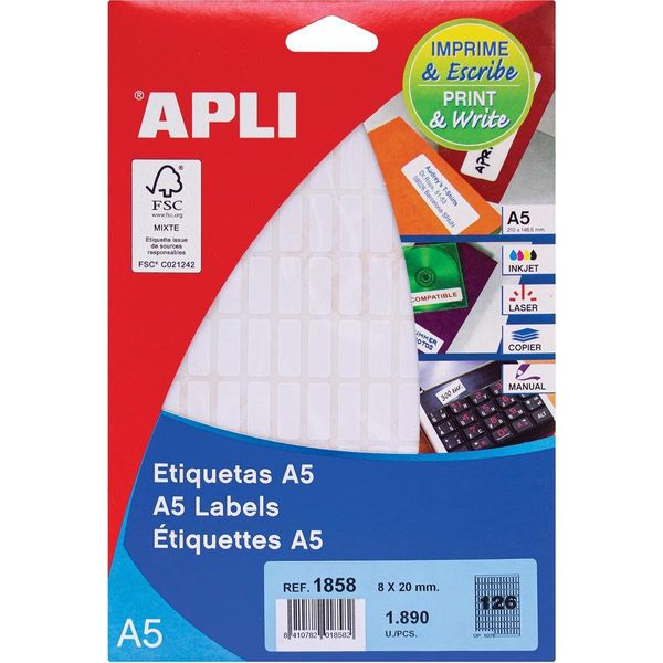 Etichette Apli A5 Print&Write 8 X 20 Mm, Bianco, 2 Cm, 8 Mm, 190 X 125 X 6 Mm-image