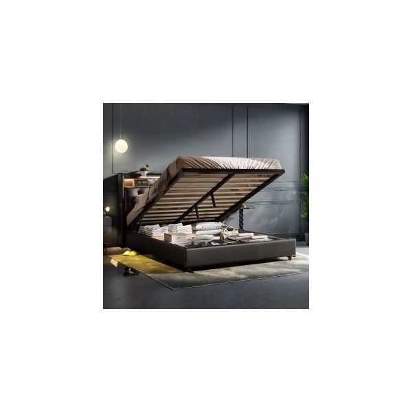 Unboxg Letto A Molle Idrauliche 160X200Cm, Letto Imbottito Con Contenitore E Led, Usb E Type-C, Letto Matrimoniale Con Rete A Doghe, Letto Contenitore Per Giovani, Pu, Nero-image