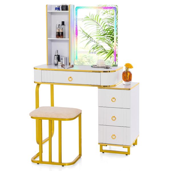 Tavolo Da Trucco Costway Con Illuminazione A Led, Stazione Di Ricarica Wireless, Porta Usb E 4 Cassetti, Tavolo Cosmetico Con Sgabello, Bianco-image
