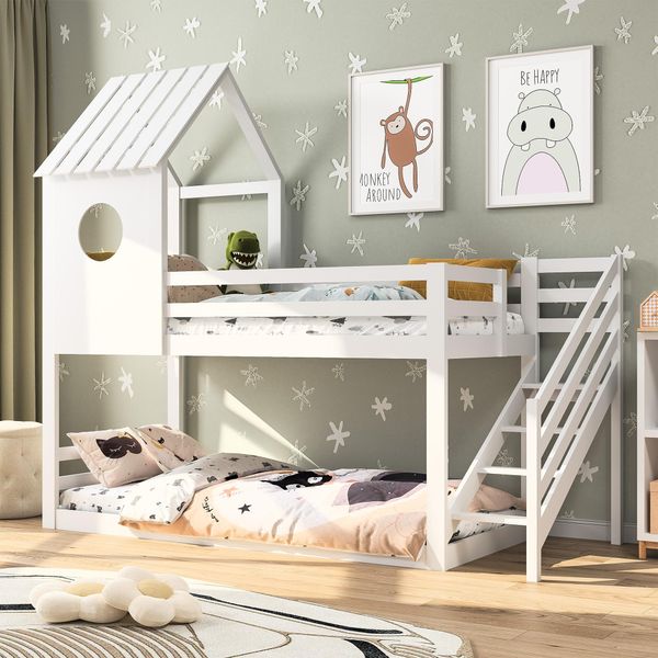 Unboxg Letto A Castello 90X200Cm Per Bambini Con Scale, Letto A Soppalco Con Protezione Anticaduta, Letto A Casetta In Legno Massiccio Con Rete A Doghe Per 2 Bambini, Bianco-image