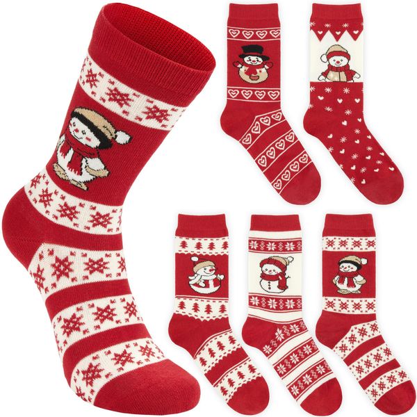 Brubaker Set Di Calzini Natalizi Da Donna 36-41 - Pupazzo Di Neve E Fiocchi Di Neve - Calzini Invernali In Cotone Rosso Bianco-image