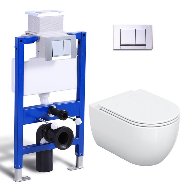 Set Completo Per Wc A Parete - Cassetta Di Scarico Da 82 Cm + Wc Sospeso Senza Bordo + Piastra Di Spinta Rettangolare Cromata Horow-image