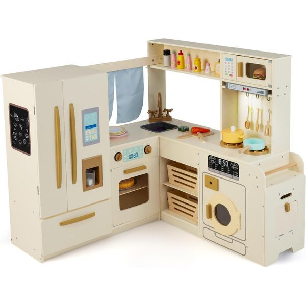 Cucina Per Bambini Costway, Cucina Ad Angolo Con 22 Accessori, Bidone Della Spazzatura, Frigorifero A Doppia Porta, Macchina Per I Cubetti Di Ghiaccio, Lavatrice, Luci E Suoni, Per Bambini Dai 3 Anni In Su-image
