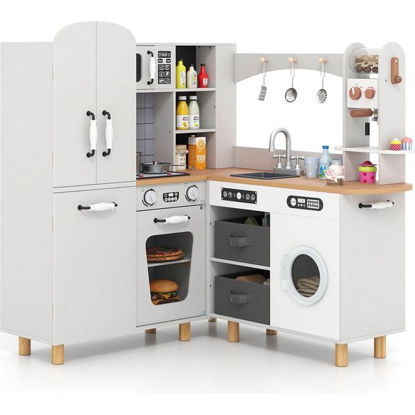 Cucina Per Bambini Costway, Cucina Ad Angolo Con 12 Accessori, Cestini In Tessuto, Frigorifero A Doppia Porta, Macchina Del Caffè, Lavatrice, Luci E Suoni, Bambini Da 3+Bianco-image