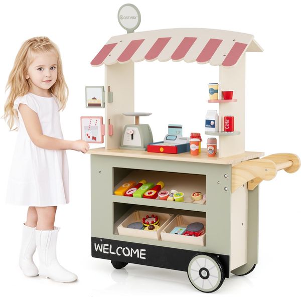 Costway Carrello Portavivande Per Bambini, Negozio In Legno Con 2 Ripiani, Maniglia Di Spinta, Accessori, Ripiano Per Bevande, Bilancia&Pos, Per Bambini 3+Verde-image