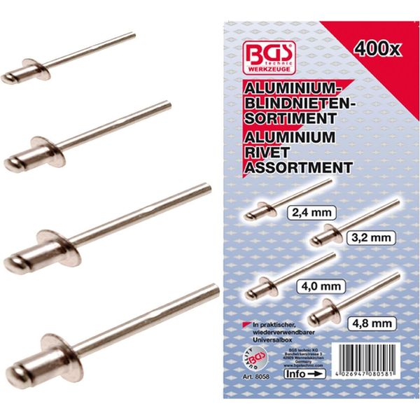 Bgs Assortimento Di Rivetti Ciechi In Alluminio, 400 Pezzi - 8058-image