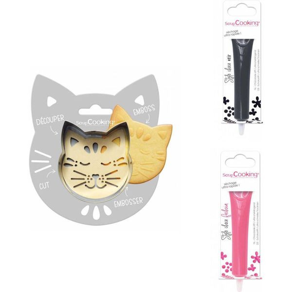 Confezione Di Biscotti Con Rilievo Di Gatto + 2 Penne Di Cioccolato Fondente E Fucsia-image