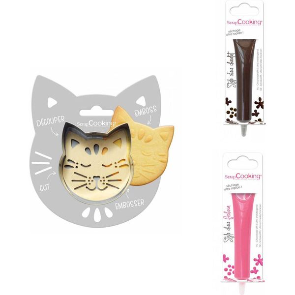 Confezione Di Biscotti In Rilievo Per Gatti + 2 Barrette Di Cioccolato Marroni E Fucsia-image