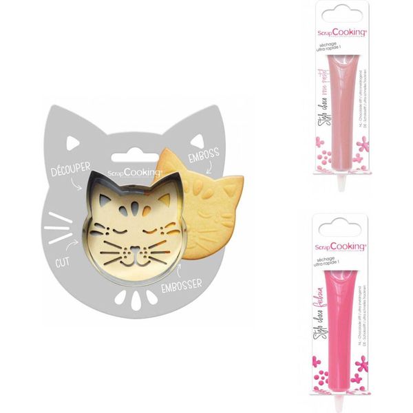 Set Di Biscotti In Rilievo Per Gatti + 2 Penne Di Cioccolato Color Rosa Pastello E Fucsia-image