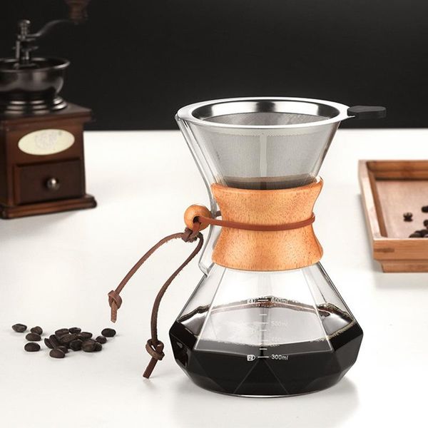 Caffettiera Pour Over Con Filtro In Acciaio Inox, Caffettiera In Vetro Borosilicato, Collare In Legno, Filtro Per Caffè, Trasparente, 600 Ml-image