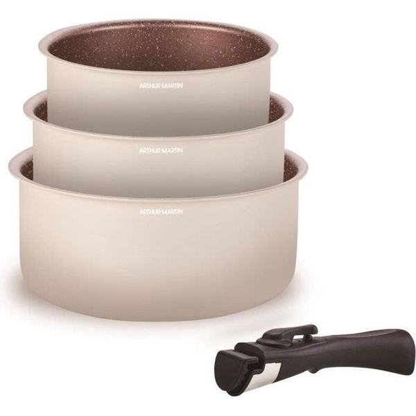 Arthur Martin - Set Di 3 Padelle Da 16 - 18 - 20 Cm + 1 Manico, In Alluminio Con Rivestimento Antiaderente, Manico Rimovibile Per Tutti I Tipi Di Piani Di Cottura, Compresa L'induzione-image