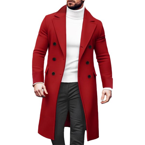Cappotto Uomo Autunno Inverno Lungo Trench Slim Fit Doppiopetto Cappotto Invernale Bavero Cappotto Uomo Giacca Invernale Casual Business, Uomo, Verde Militare, M-image