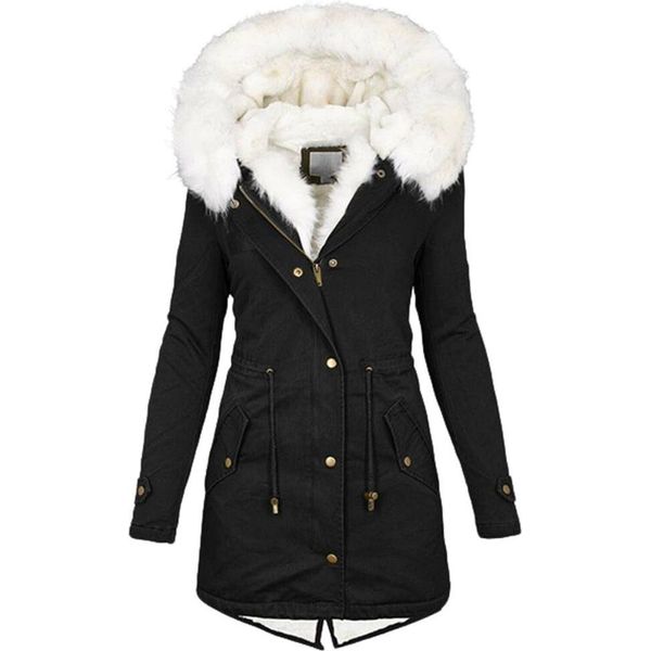 Giacca Invernale Lunga Da Donna - Cappotto Caldo Con Cappuccio, Parka Invernale Con Zip, Giacca In Felpa Slim-Fit Con Coulisse E Tasche, Blu Navy, 5XL-image