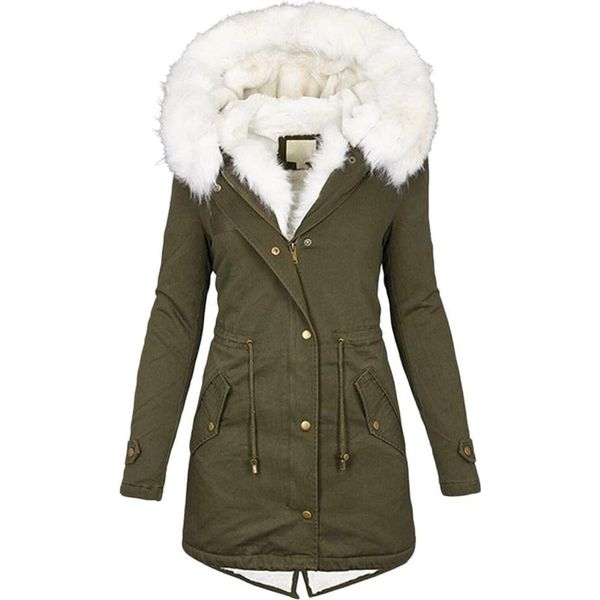 Giacca Invernale Lunga Da Donna - Cappotto Caldo Con Cappuccio, Parka Invernale Con Zip, Giacca In Felpa Slim-Fit Con Coulisse E Tasche, Blu Navy, 2XL-image