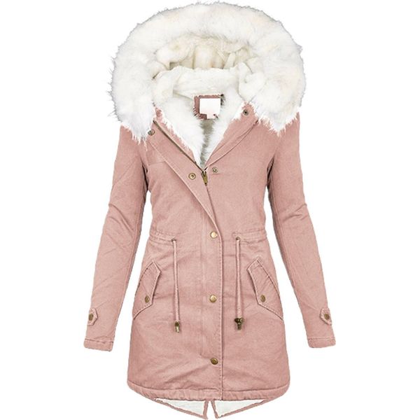 Giacca Invernale Lunga Da Donna - Cappotto Caldo Con Cappuccio, Parka Invernale Con Zip, Giacca In Felpa Slim-Fit Con Coulisse E Tasche, Rosa, S-image