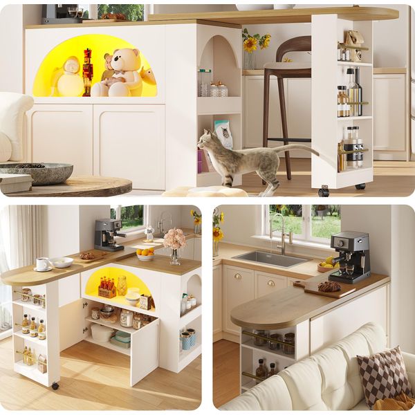 Sweiko Tavolo Da Bar Allungabile Con Porta (135-205×39×100Cm), Tavolo Da Bar Moderno Mobile, Tavolo Da Bar Telescopico Con Led Tavolo Alto Isola Cucina, Design Porta Curva, Bianco-image