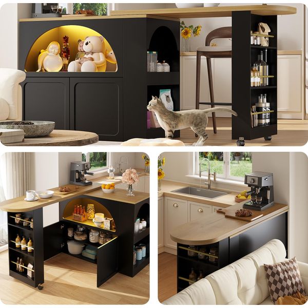 Sweiko Tavolo Da Bar Allungabile Con Porta (135-205×39×100Cm), Tavolo Da Bar Moderno Mobile, Tavolo Da Bar Telescopico Con Led Tavolo Alto Isola Cucina, Design Porta Curva, Nero-image