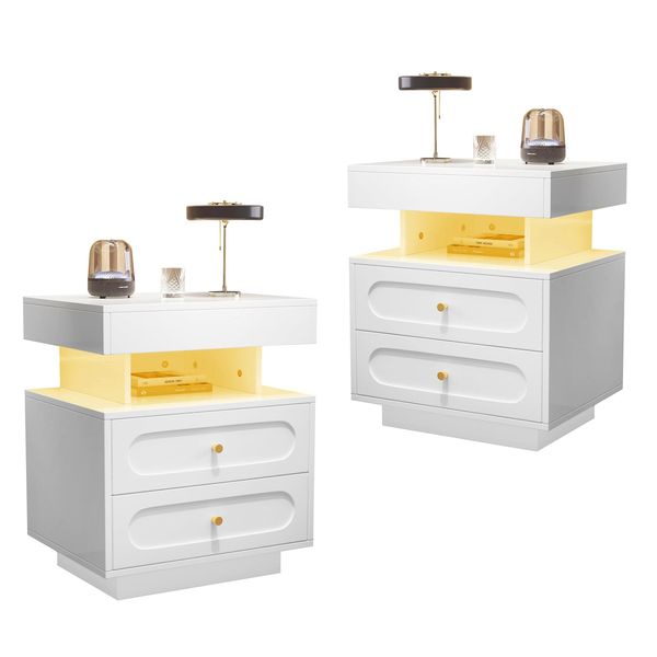 Comodino 2STK Comodino Con Illuminazione Led Comodino Con 2 Cassetti, 1 Vano A Giorno, Bianco, L100/D40/H60 Cm, Truciolato-image