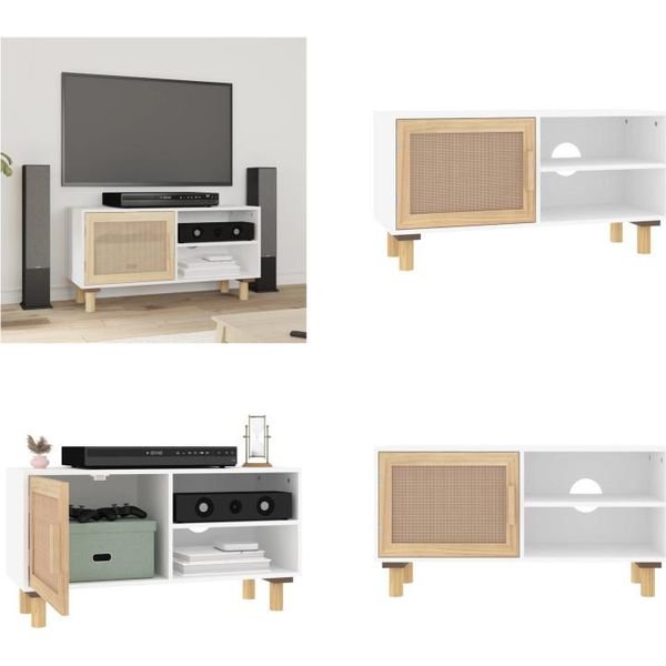 Mobile Tv Vidaxl Bianco 80X30X40 Cm In Pino Massiccio E Rattan Naturale - Mobile Tv - Mobile Tv - Mobile Tv - Porta Tv-image