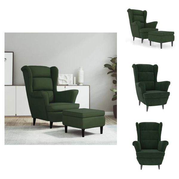 Vidaxl Sedia Ad Ala Con Sgabello In Velluto Verde Scuro - Poltrona-image
