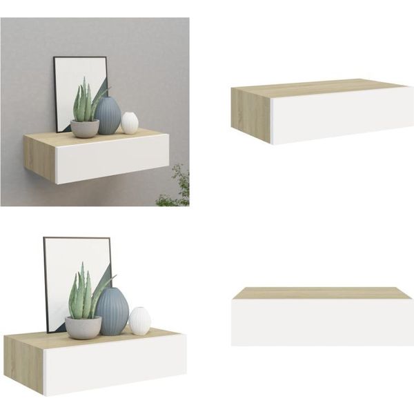Vidaxl Scaffale A Muro Con Cassetto Effetto Rovere E Bianco 40X23,5X10 Cm Mdf - Scaffale A Cassetto - Scaffale A Muro - Scaffali A Muro-image