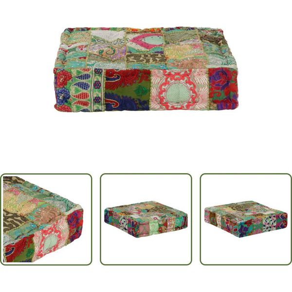 The Living Store Pouf Patchwork Quadrato In Cotone Fatto A Mano 50×50×12 Cm Verde-image