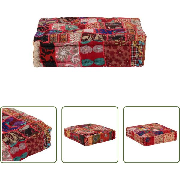 The Living Store Pouf Patchwork Quadrato In Cotone Fatto A Mano 50×50×12 Cm Rosso-image