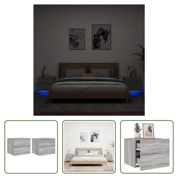 The Living Store Comodini A Parete Con Luci Led 2 Pz. Grigio Sonoma-image