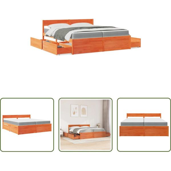 The Living Store Letto Con Cassetti E Materasso Marrone Cera 200X200 In Legno Massiccio-image