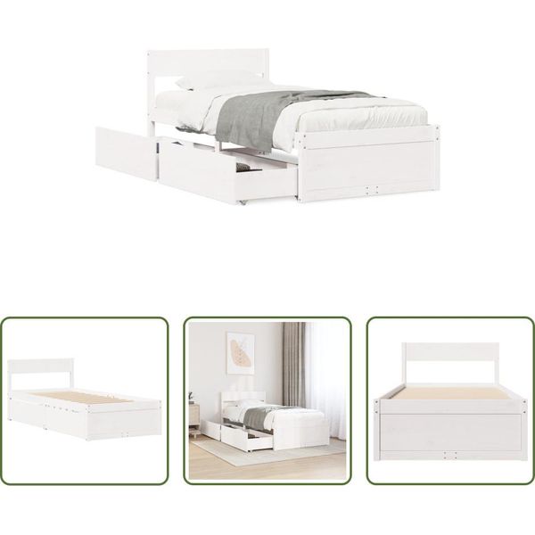 The Living Store Letto In Legno Massiccio Con Cassetti Bianco 75X190 Cm Pino-image