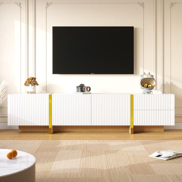 Mobile Tv Moderno, 190 Cm, 2 Cassetti, 3 Ante, Laccato Bianco, Design Sottile Ed Elegante-image