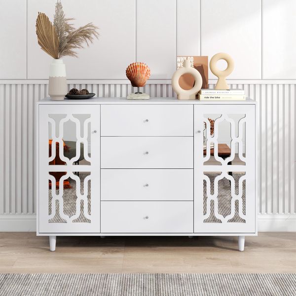 Credenza Con Specchio, Due Ante E Tre Cassetti, Bianco-image