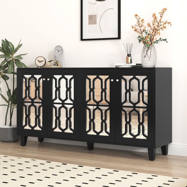 Credenza Con 4 Ante A Specchio, Superficie In Plastica Laminata, Maniglie In Cristallo Pregiato, Nero-image