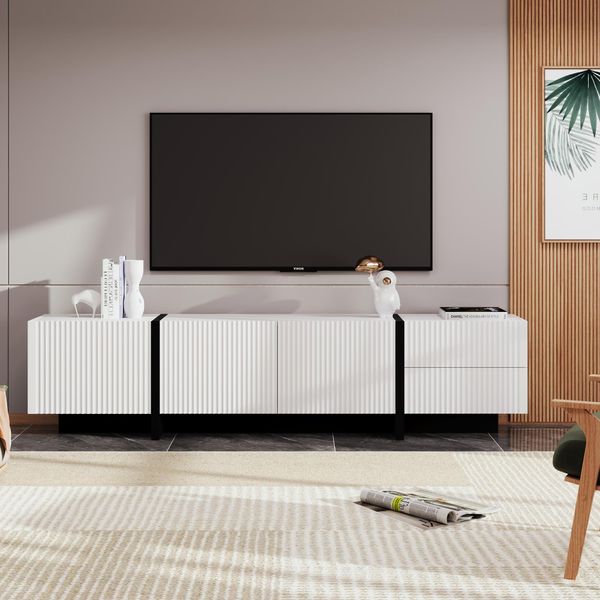 Mobile Tv Moderno, 190 Cm, 2 Cassetti, 3 Ante, Laccato Bianco, Design Sottile Ed Elegante-image