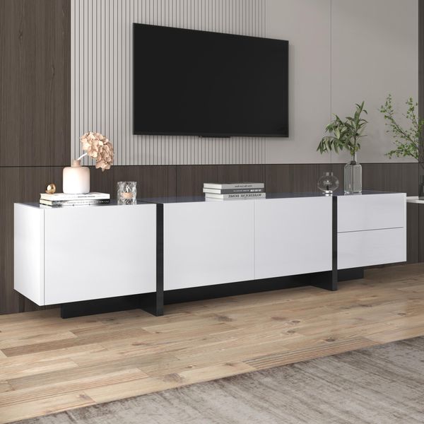Porta Tv 190 X 45 X 35 Cm, Base, Gambe, Ante E Cassetti In Bianco E Nero-image