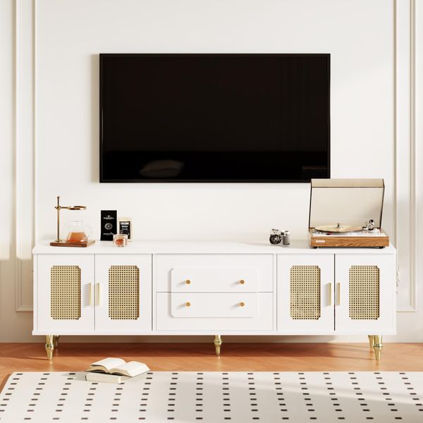 Porta Tv Retrò, 177 Cm, Maniglie Dorate, 2 Cassetti, Anta In Rattan E Gambe In Legno Massiccio, Bianco-image