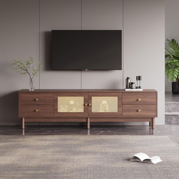 Porta Tv In Legno Alto 180 Cm, 2 Ante In Rattan, 4 Cassetti, Cerniere Idrauliche, Marrone-image