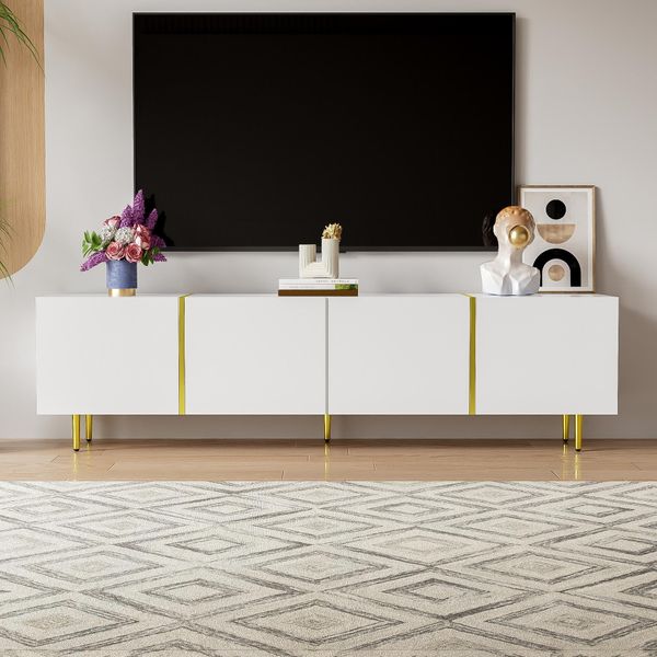 Porta Tv Moderno 170 X 35 X 46 Cm, 4 Ante, Legno Mdf, Finitura Bianco/Oro Lucido-image