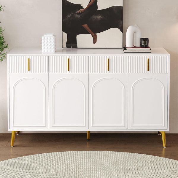 Credenza Con Maniglie E Gambe Dorate, 4 Ante, 4 Cassetti, Con Rivestimento In Laminato Rimovibile, Bianco-image