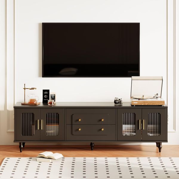 Porta Tv Retrò, 177 Cm, Maniglie Dorate, 2 Cassetti, Anta In Vetro E Gambe In Legno Massiccio, Nero-image