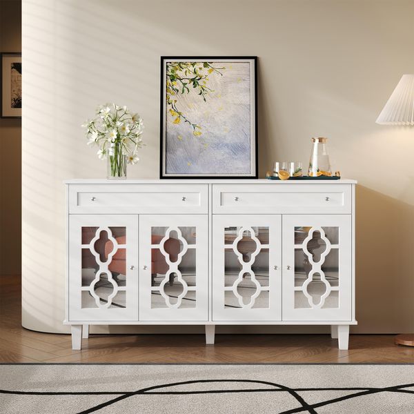 Credenza - Con 4 Ante A Specchio E 2 Cassetti - Ripiani Regolabili E Maniglie In Cristallo - Bianco-image