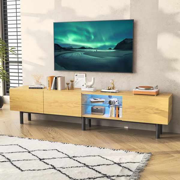 Moderno Supporto Tv Basso Con Illuminazione Led, 3 Ante, 175 X 31 X 41 Cm, Rovere Chiaro-image