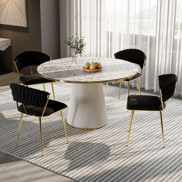 Set Di 2 Sedie Da Pranzo In Velluto Nero Intrecciato Con Gambe In Metallo Dorato, Design Moderno Ed Elegante-image
