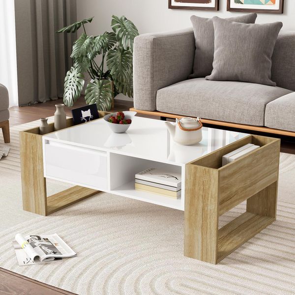 Tavolino Moderno 105 X 60 X 40 Cm - Con Cassetti - Vani A Giorno - Bianco + Natura-image