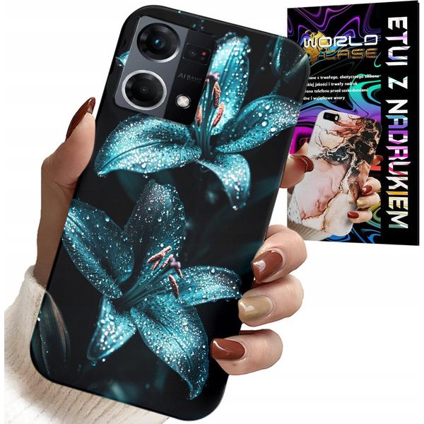 Custodia Per Oppo Reno7 4G - Custodia Con Fiori Di Giglio Turchese + Vetro-image