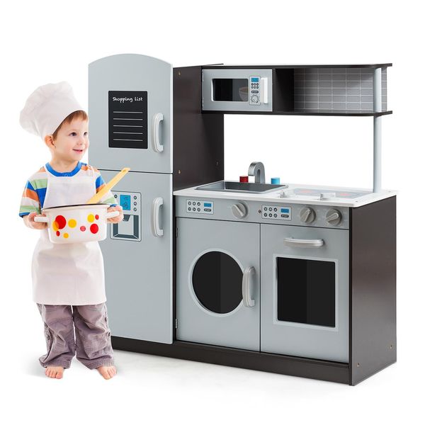Cucina Per Bambini Costway, Cucina Giocattolo Con Lavagna, Lavello, Rubinetto, Suoni, Fornello, Forno E Microonde, Cucina Giocattolo Per Bambini A Partire Dai 3 Anni Di Età-image