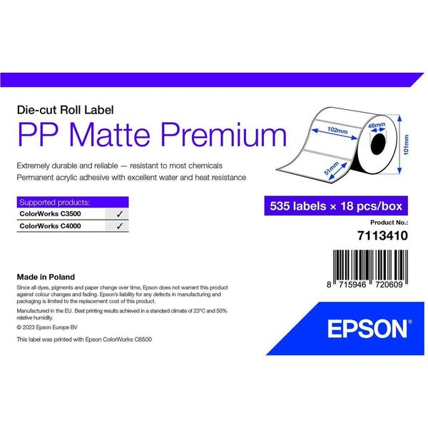 Epson, Rotolo Di Etichette, Plastica, 102X51Mm Epson, Rotolo Di Etichette, Plastica (Polipropilene), Rivestimento Opaco Premium, Dimensioni (Lxa): 102X51Mm, 535 Etichette/Rotolo (7113410)-image